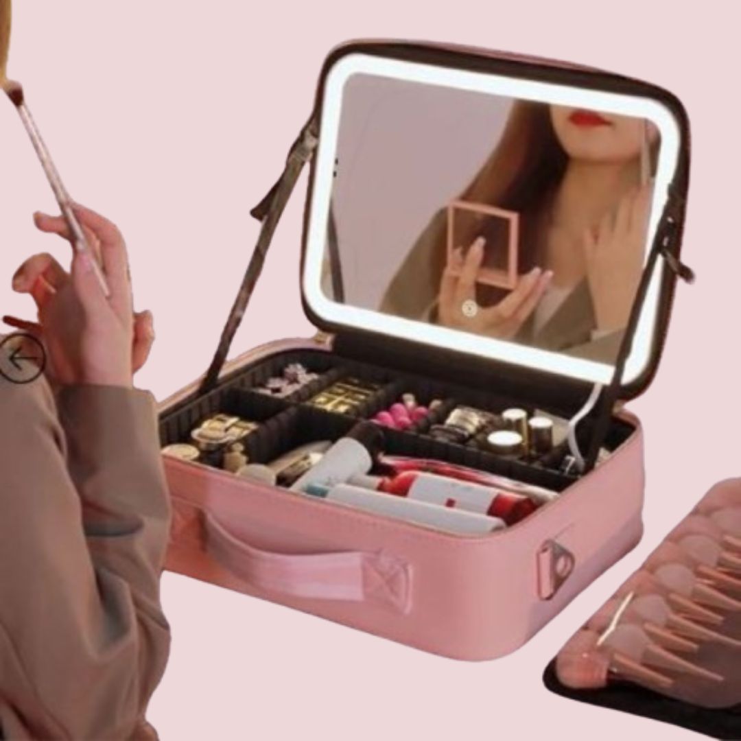 Organizador de maquillaje portátil con espejo LED